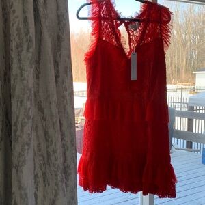 Adelyn Rae Red Lace Ruffle Mini Dress